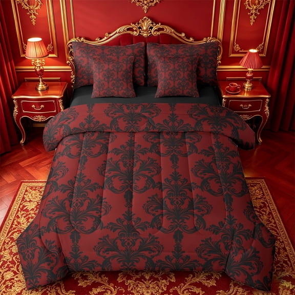 jejeloiu Dramatic Damask 7pcs Queen Bedding,Gothic Pattern Bedding Comforter Set Queen For Adults,Black Red,Black Reversible