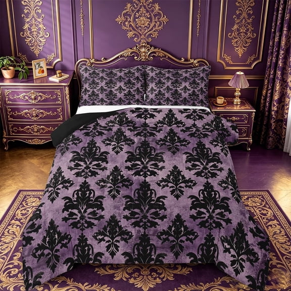 jejeloiu Dramatic Damask Queen Comforter Set,Gothic Print Comforter Sets Queen For Adults,Purple Black,Black Reversible,3-Piece,1 Comforter and 2 Pillowcases