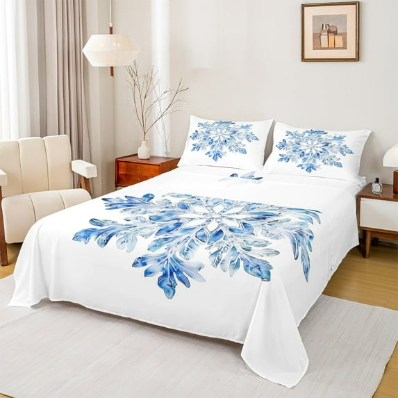 jejeloiu Dreamy Crystal Snowflake Bed Sheets,Winter Theme King Sheets,Merry Christmas Sheet Set For Child,Breathable Home Decor,4-Piece