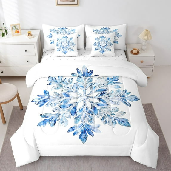 jejeloiu Dreamy Crystal Snowflake Bedding Comforter Set 7-Piece,Winter Theme King Bedding Sets,Merry Christmas Bed Sheets For Child,Breathable Home Decor