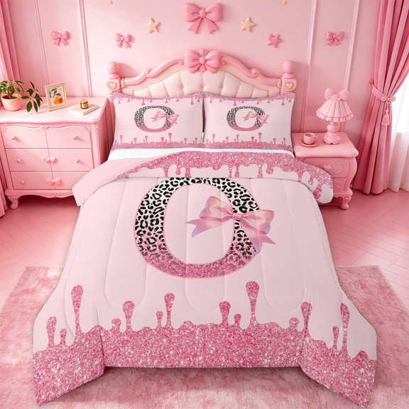 jejeloiu Dreamy Princess Bowknot Queen Comforter Set For Kids,Pink Personalized Initial O Print Bedding Comforter Set For Girls,Pink Reversible,3pcs