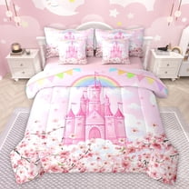 jejeloiu Dreamy Princess Castle 7-Piece Twin Bedding Sets,Cherry Blossom Bedding Comforter Set,Tairy Tale Theme Sheet Sets For Girls Kids,Microfiber Bedroom Decor Reversible