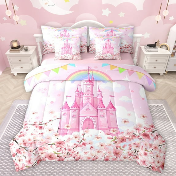jejeloiu Dreamy Princess Castle 7-Piece Twin Bedding Sets,Cherry Blossom Bedding Comforter Set,Tairy Tale Theme Sheet Sets For Girls Kids,Microfiber Bedroom Decor Reversible