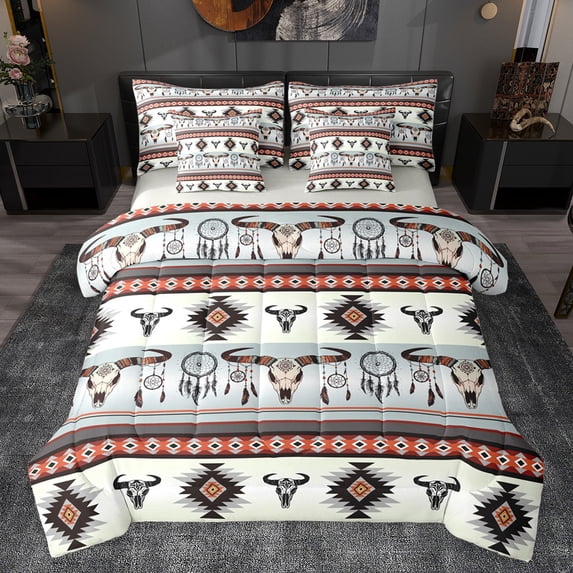 jejeloiu Dreamycacther Bull Skull 7pcs Bedding Comforter Set,Aztec Geometric Rhombus Queen Bedding Sets,Boho Bohemian Pattern Queen Sheet Sets For Adult,Luxury Bedroom Decor Reversible