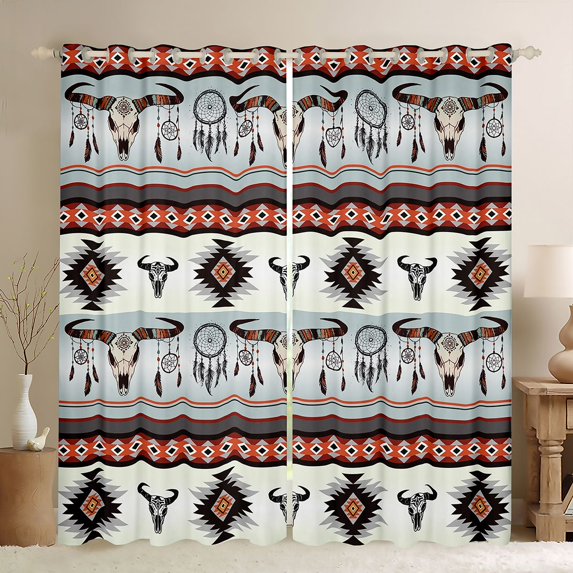 jejeloiu Dreamycacther Bull Skull Curtains Pack of 2 (42x84 Each),Aztec Geometric Rhombus Curtains Blackout,Boho Bohemian Pattern Bedroom Curtains For Adult,Luxury Bedroom Decor