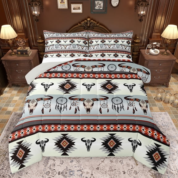 jejeloiu Dreamycacther Bull Skull Queen Comforter Set,Aztec Geometric Rhombus Bedding Sets,Boho Bohemian Pattern Bedding Comforter Set For Adult,Luxury Bedroom Decor Reversible,3-Piece