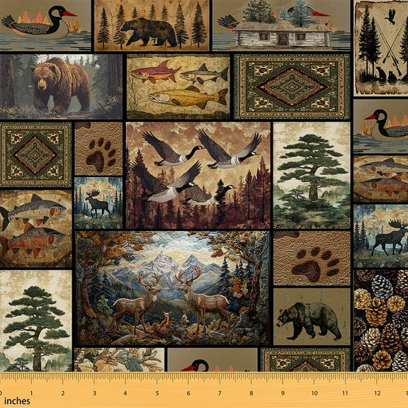 jejeloiu Duck Bear Fish Fabric by the Yard 1 Yard,Jungle Animal Deer Home Decor Fabric by the Yard,Country Farmhouse Lodge Sewing Fabric For Adult,Breathable Home Decor