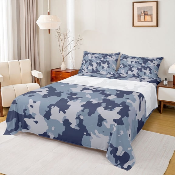 jejeloiu Duck Hunting Twin Sheet Sets,Rustic Camo Twin Fitted Sheet,Blue Gray Flat Sheet For Boys Kids,Microfiber Bedroom Decor,3pcs