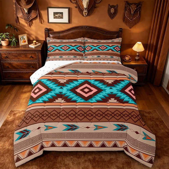 jejeloiu Earthy Aztec Full Size Comforter Sets,Southwestern Print Bedding Comforter Set For Boys,Brown Turquoise,Reversible,3 Pieces,1 Comforter and 2 Pillowcases