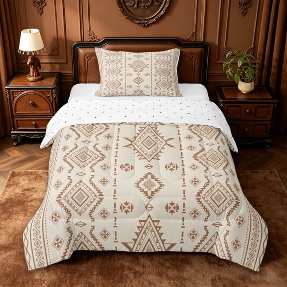 jejeloiu Earthy Aztec Twin Comforter Sets,Neutral Tribal Bedding Set For Boys,Beige Brown,Reversible,2pcs,1 Comforter and 1 Pillowcase