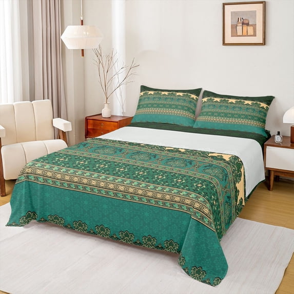 jejeloiu Earthy Border King Sheets For Men Women,Rich Print Bedding,Green Beige,4-Piece,1 Flat Sheet, 1 Fitted Sheet and 2 Pillowcases
