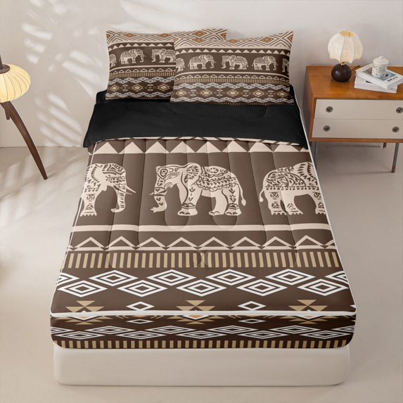 jejeloiu Earthy Elephant Zipper Twin Comforter Sets with Fitted Sheet and 2 Pillowcases,Boho Pattern Zipper Bedding Set For Boys,Brown Beige,Black Reversible,4 Pieces