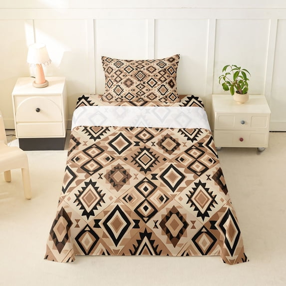 jejeloiu Earthy Geometric Twin Sheets,Boho Motif Bedding For Boys,Beige Black,3pcs,1 Fitted Sheet and 1 Pillowcase