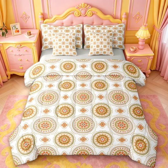 jejeloiu Earthy Mandala 7-Piece King Bedding For Men Women,Boho Print King Bed in a Bag,Orange Green White,Light Gray Reversible
