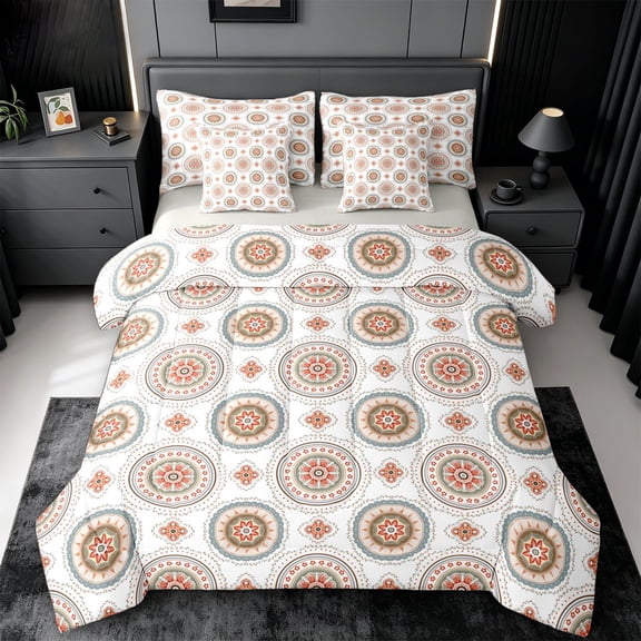 jejeloiu Earthy Mandala 7pcs Queen Bedding For Men Women,Boho Print Bedding Comforter Set Queen,Red Blue Beige,Light Gray Reversible