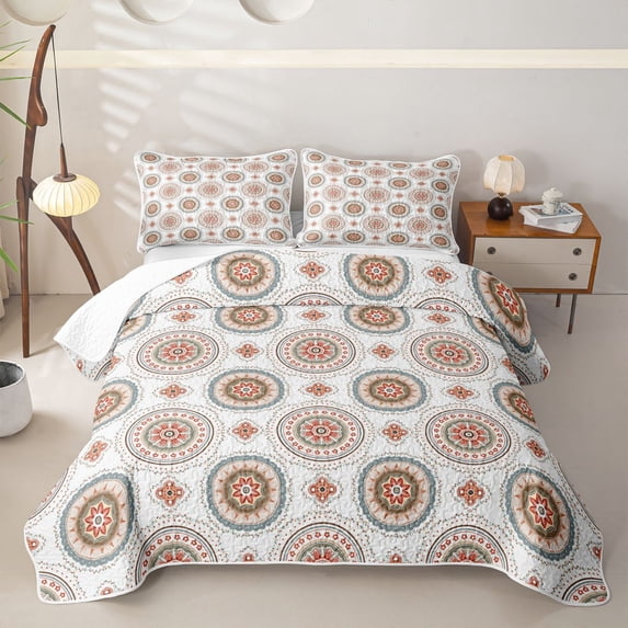 jejeloiu Earthy Mandala Twin Quilt Set For Men Women,Boho Print Twin Coverlet Set,Red Blue Beige,2pcs