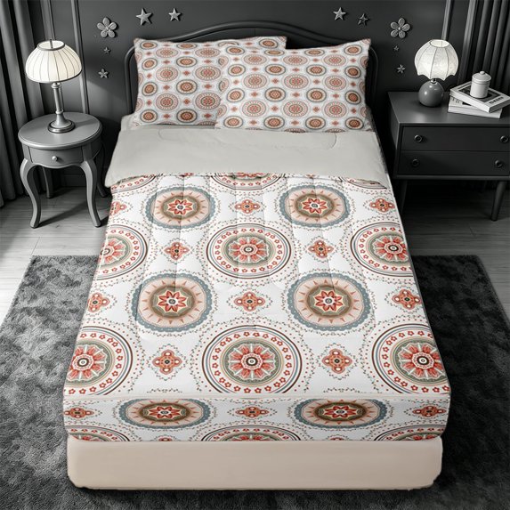 jejeloiu Earthy Mandala Zipper Twin Comforter Sets with Fitted Sheet and 2 Pillowcases For Men Women,Boho Print Zipper Bedding Set,Red Blue Beige,Light Gray Reversible,4 Pieces