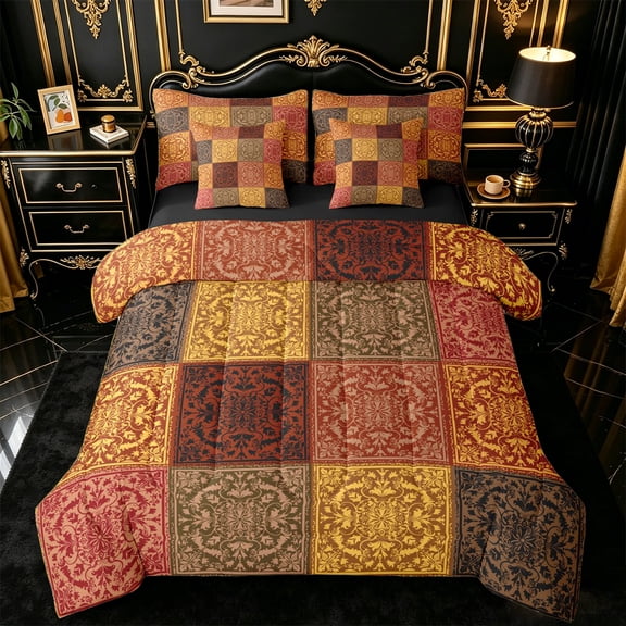 jejeloiu Earthy Patchwork 7pcs Queen Bedding For Men Women,Baroque Pattern Bedding Comforter Set Queen,Rustic Multi,Black Reversible
