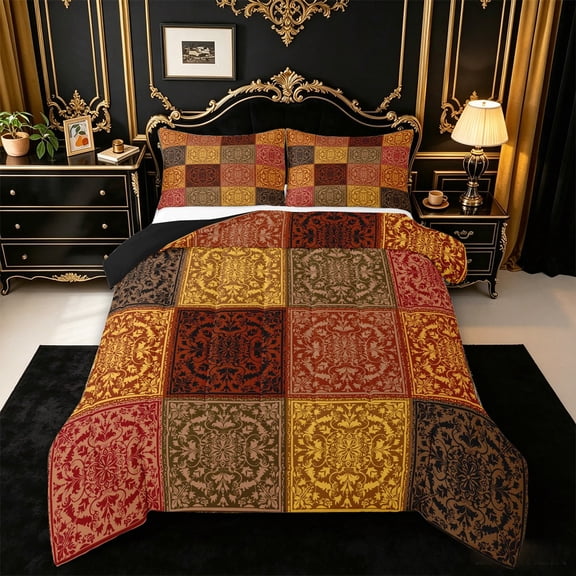 jejeloiu Earthy Patchwork Queen Comforter Set For Men Women,Baroque Pattern Comforter Sets Queen,Rustic Multi,Black Reversible,3-Piece,1 Comforter and 2 Pillowcases