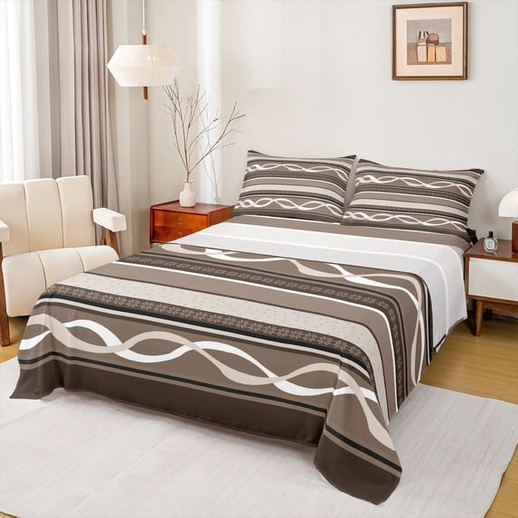 jejeloiu Earthy Striped Bed Sheets,Neutral Print Full Size Sheets For Boys,Brown Beige,4 Pieces,1 Flat Sheet, 1 Fitted Sheet and 2 Pillowcases