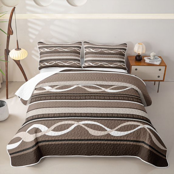 jejeloiu Earthy Striped Twin Quilt Set,Neutral Print Twin Coverlet Set For Boys,Brown Beige,2 Pieces