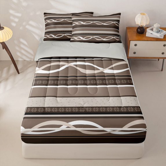 jejeloiu Earthy Striped Zipper Full Size Comforter Sets with Fitted Sheet and 2 Pillowcases,Neutral Print Zipper Bedding Set For Boys,Brown Beige,Light Gray Reversible,4 Pieces