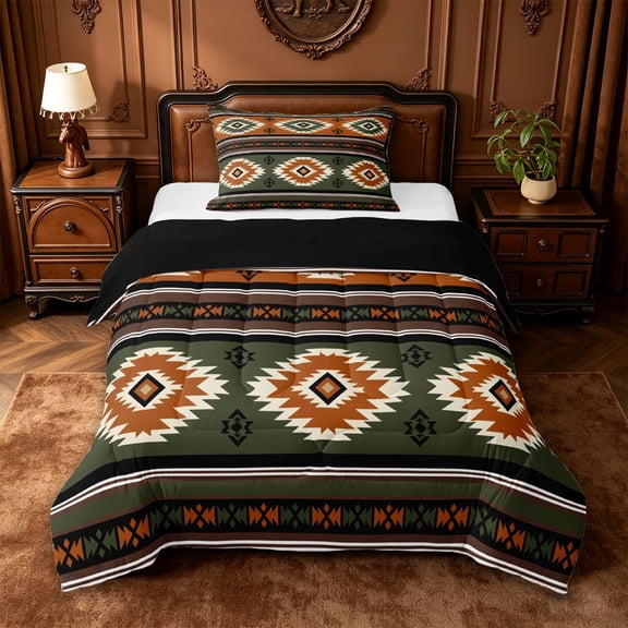 jejeloiu Earthy Tribal Twin Comforter Sets,Geometric Print Bedding Set For Boys,Green Orange,Black Reversible,2-Piece,1 Comforter and 1 Pillowcase