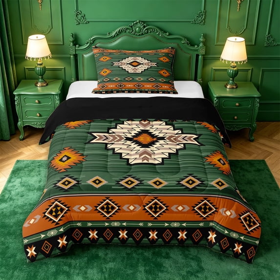 jejeloiu Earthy Tribal Twin Comforter Sets,Native Print Bedding Set For Boys,Green Orange,Black Reversible,2 Pieces,1 Comforter and 1 Pillowcase