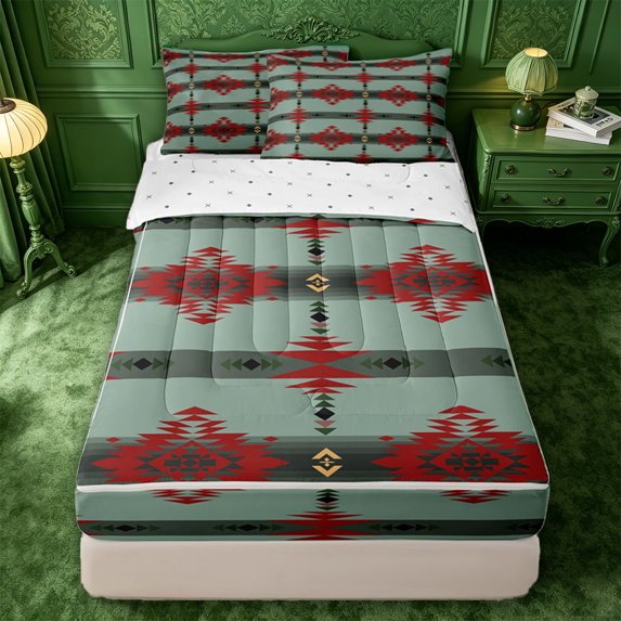 jejeloiu Earthy Tribal Zipper Full Size Comforter Sets with Fitted Sheet and 2 Pillowcases,Native Print Zipper Bedding Set For Boys,Green Red,Reversible,4 Pieces