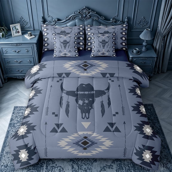 jejeloiu Earthy Western 7-Piece Twin Bedding,Desert Print Bedding Comforter Set For Boys,Blue Gray,Navy Blue Reversible