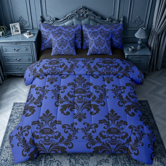 jejeloiu Edgy Skull 7pcs Queen Bedding,Gothic Print Bedding Comforter Set Queen For Adults,Blue Black,Black Reversible