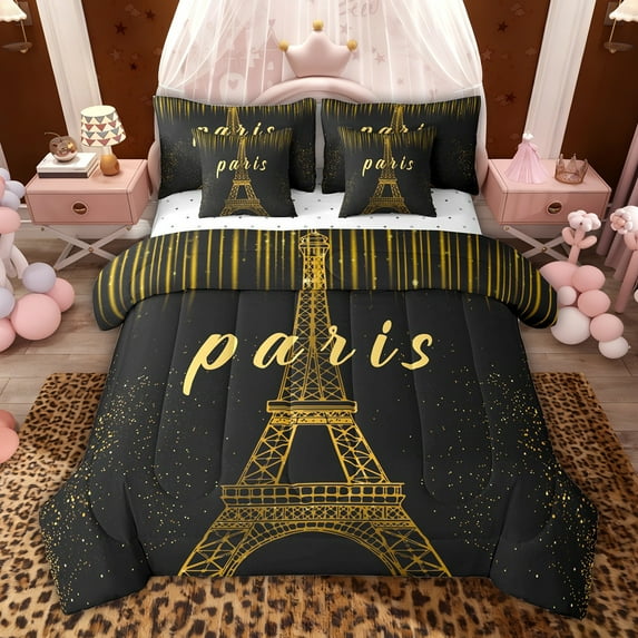 jejeloiu Eiffel Tower 7 Pieces Bedding Comforter Set,Romantic Paris Full Bedding Set For Men Women Reversible