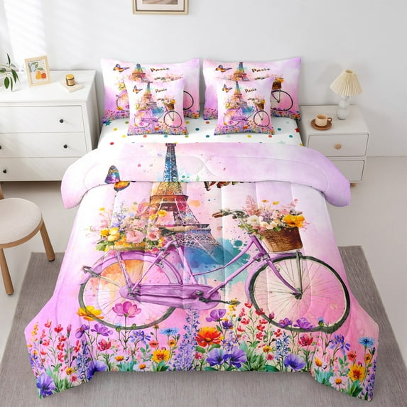 jejeloiu Eiffel Tower Bedding Comforter Set 7-Piece,Colorful Romantic Flower King Bedding Sets,Watercolor Splatter Ink Bed Sheets For Girls,Microfiber Bedroom Decor Reversible