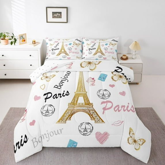 jejeloiu Eiffel Tower King Size Comforter Sets,Romance Theme Bedding Comforter Set,Butterfly Dessert Heart Bedding Set For Child,Ultra Soft Room Decorative,3-Piece