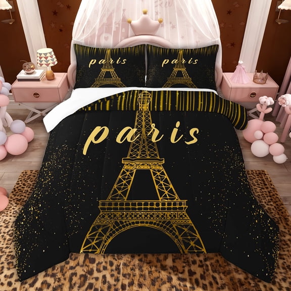 jejeloiu Eiffel Tower Queen Comforter Set,Romantic Paris Bedding Comforter Set For Men Women 3 Pieces