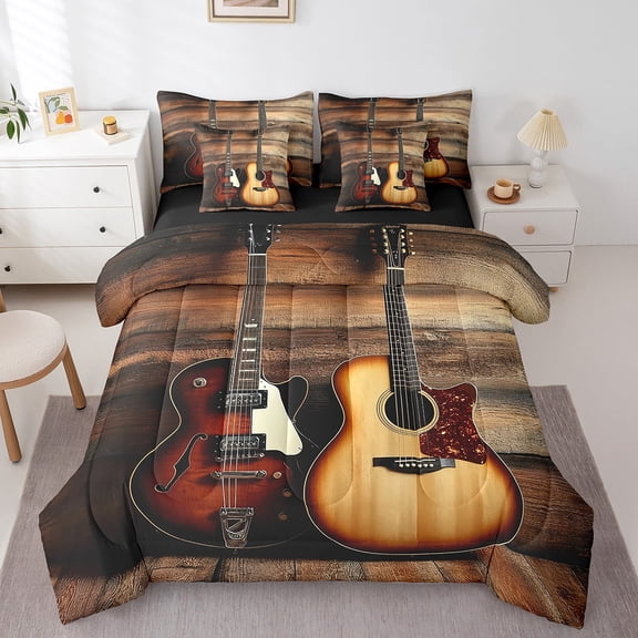 jejeloiu Electric Guita Bedding Comforter Set 7-Piece,Brown Music Instruments King Bedding Sets,Old Barn Door Bed Sheets For Child,Breathable Home Decor Reversible