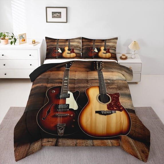 jejeloiu Electric Guita Queen Comforter Set,Brown Music Instruments Bedding Sets,Old Barn Door Bedding Comforter Set For Child,Breathable Home Decor Reversible,3-Piece