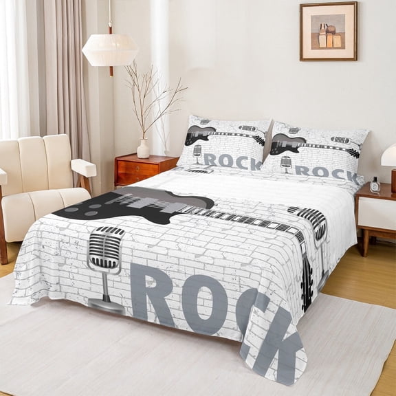 jejeloiu Electric Guitar Bed Sheets,Music Instrument King Sheets,Rock Musical Theme Sheet Set For Boys Teens,Luxury Bedroom Decor,4-Piece