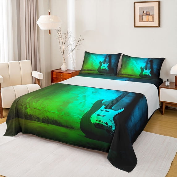 jejeloiu Electric Guitar Queen Sheet Sets,Music Theme Bed Set For Men Women 4pcs