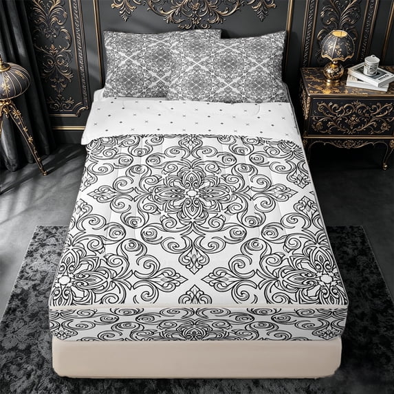 jejeloiu Elegant Damask Zipper Twin Comforter Sets with Fitted Sheet and 2 Pillowcases For Men Women,Floral Pattern Zipper Bedding Set,Black White,Reversible,4-Piece