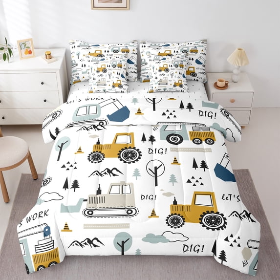 jejeloiu Equipment Vehicle Bedding Comforter Set 7pcs,Cartoon Pine Mountain Queen Bedding Sets,Yellow White Black Queen Sheet Sets,Microfiber Bedroom Decor