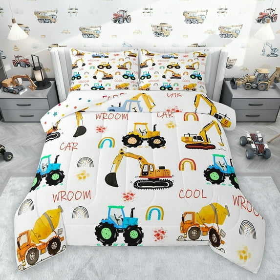 jejeloiu Equipment Vehicle Queen Comforter Set,Cartoon Excavator Bulldozer Bedding Sets,Yellow Concrete Truck Bedding Comforter Set For Boys,Ultra Soft Home Decor Reversible,3-Piece