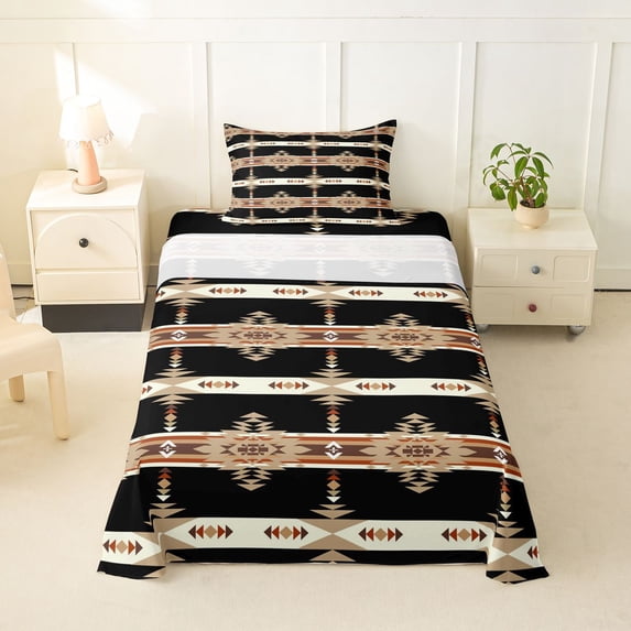 jejeloiu Ethnic Aztec Print Twin Sheets,Retro Boho Style Bedding For Boys,Black Brown,3pcs,1 Fitted Sheet and 1 Pillowcase