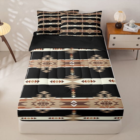 jejeloiu Ethnic Aztec Print Zipper Full Size Comforter Sets with Fitted Sheet and 2 Pillowcases,Retro Boho Style Zipper Bedding Set For Boys,Black Brown,Black Reversible,4-Piece