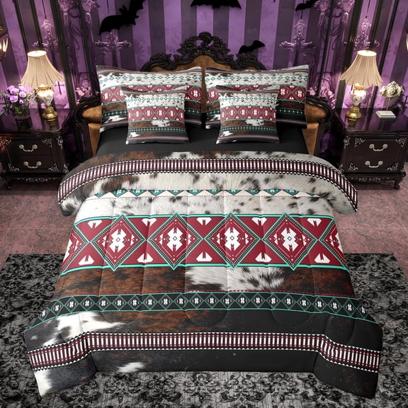 jejeloiu Exotic Aztec Geometric 7-Piece Twin Bedding Sets,Vintage Cowhide Print Bedding Comforter Set,Rustic Western Cowboy Sheet Sets For Men Women,Luxury Bedroom Decor Reversible