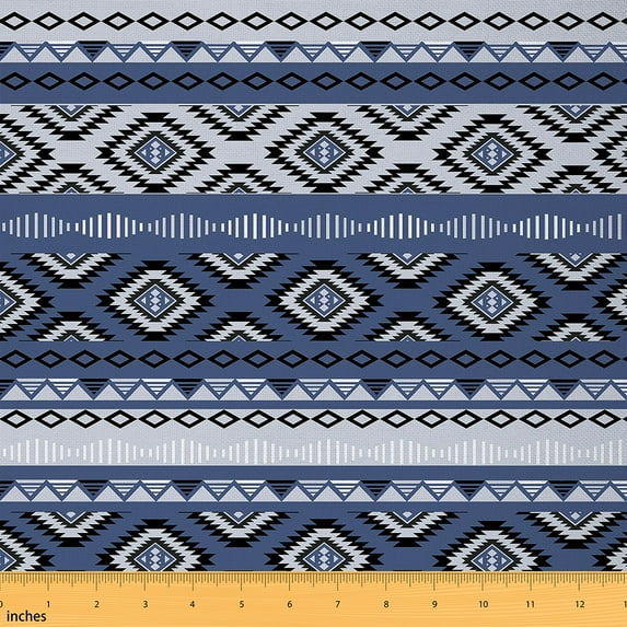 jejeloiu Exotic Aztec Geometric Fabric by the Yard 3 Yards,Boho Geometric Stripes Sewing Fabric,Blue Bohemain Plaid Fabric for Sewing,Breathable Home Decor