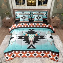 jejeloiu Exotic Bull Skull 7-Piece Twin Bedding Sets,Boho Tribal Bedding Comforter Set,Aztec Geometric Rhombus Sheet Sets For Men Women,Ultra Soft Home Decor Reversible