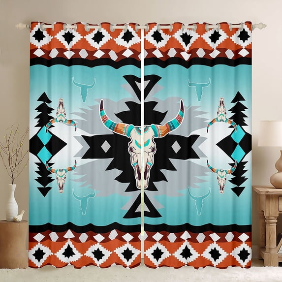 jejeloiu Exotic Bull Skull Black Out Curtains,Boho Tribal Curtains Pack of 2 (42x63 Each),Aztec Geometric Rhombus Bedroom Curtains For Men Women,Ultra Soft Home Decor