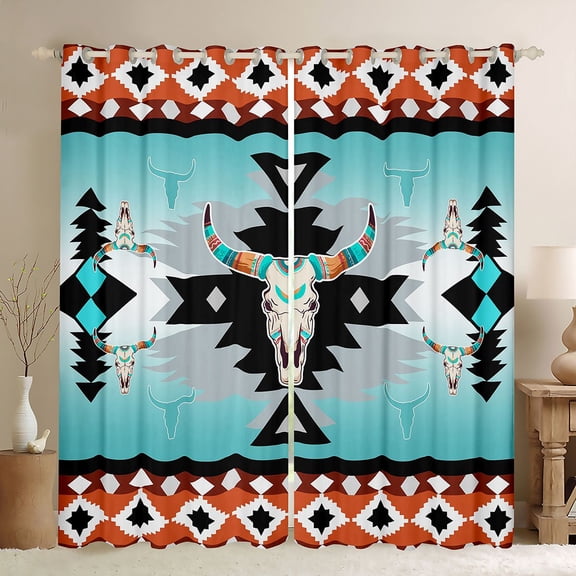 jejeloiu Exotic Bull Skull Black Out Curtains,Boho Tribal Curtains Pack of 2 (42x63 Each),Aztec Geometric Rhombus Bedroom Curtains For Men Women,Ultra Soft Home Decor