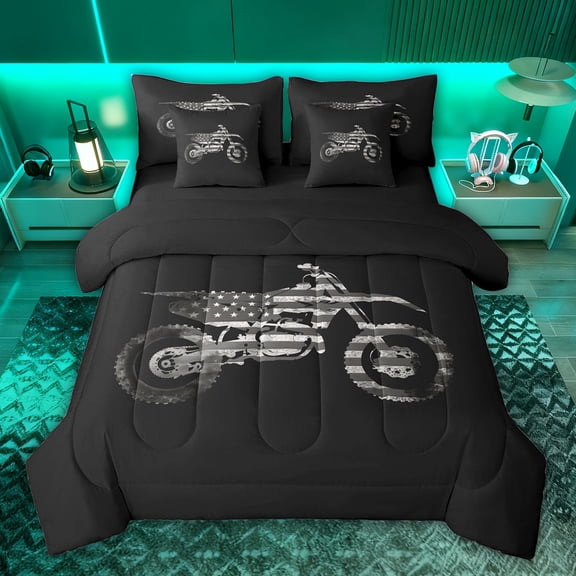 jejeloiu Extreme Dirt Bike 7pcs Bedding Comforter Set,Gray Black Queen Bedding Sets For Boys Kids Reversible